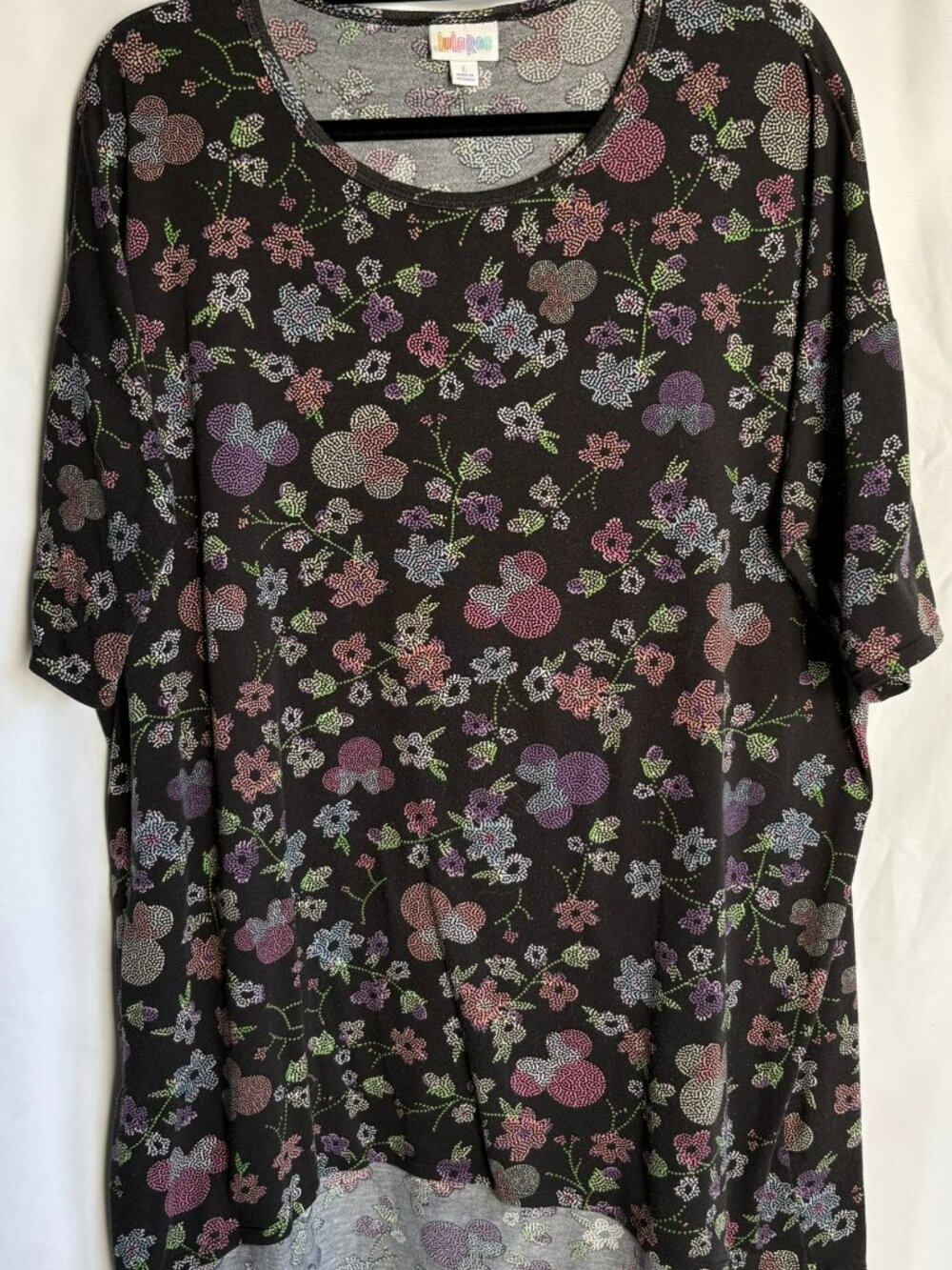 LuLaRoe Irma L Minnie Mouse Small Dot Floral Black Disney Top